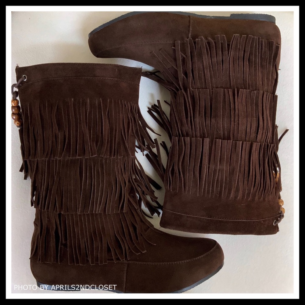 BROWN VEGAN SUEDE BOHO TASSEL FRINGE TRIM BOOTS - Picture 7 of 8